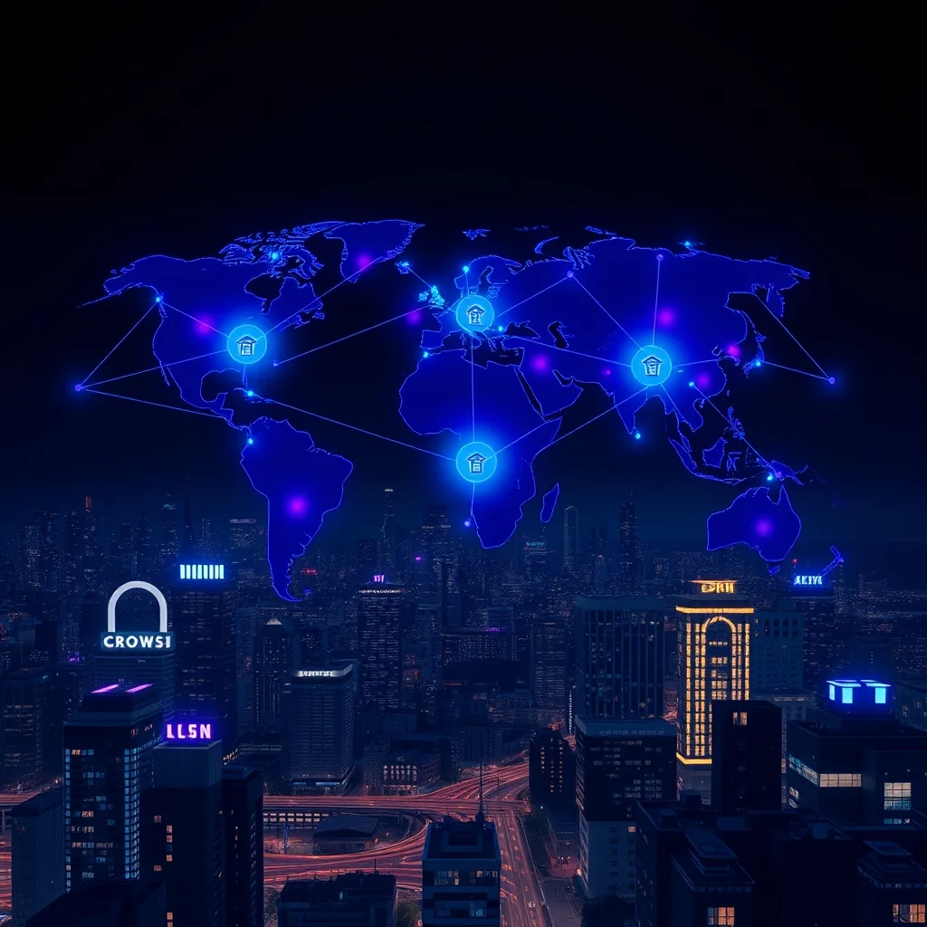 Bluenetworks — red global de nodos azules y púrpura conectados de forma segura